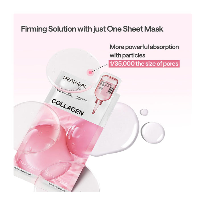 Mediheal Collagen sheet mask packaging in pink and white, shown with illustrative graphics of a transparent mask sheet, liquid droplets, and text highlighting pore-size absorption.