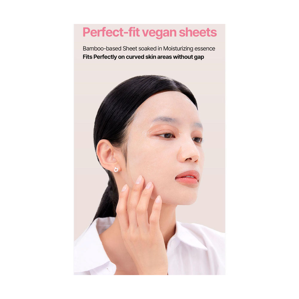 A woman with her hair pulled back wears a small stud earring and touches her cheek, with text above reading 'Perfect-fit vegan sheets' and descriptive copy about bamboo-based sheets.
