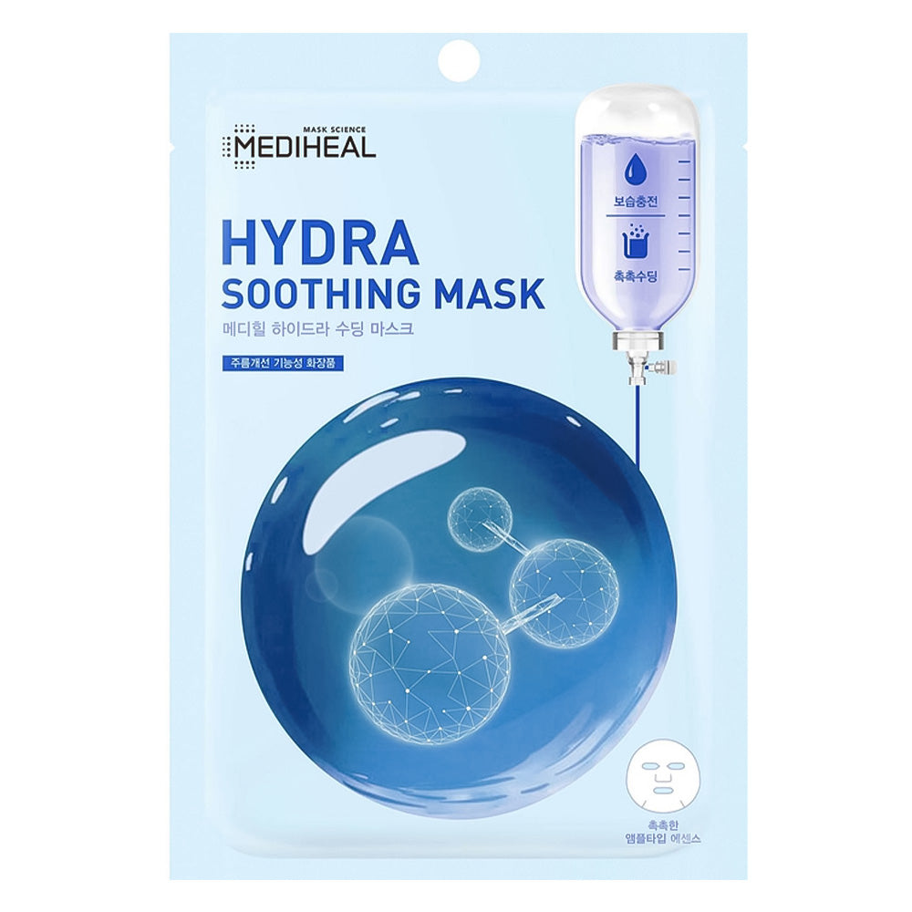 Mediheal Hydra Soothing Mask in a light blue resealable pouch, featuring a large blue sphere graphic with white molecular patterns and a small illustration of a dropper bottle.