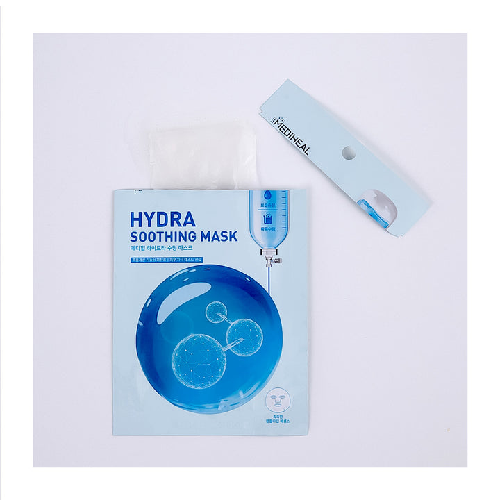 A sheet mask package labeled HYDRA SOOTHING MASK with a blue bubble design, shown next to its light blue outer sleeve on a plain white background.