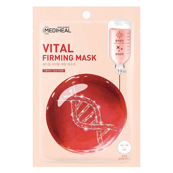 Mediheal Vital Firming Mask in a light peach pouch with red and white graphics, featuring a DNA double helix and an IV bag illustration.