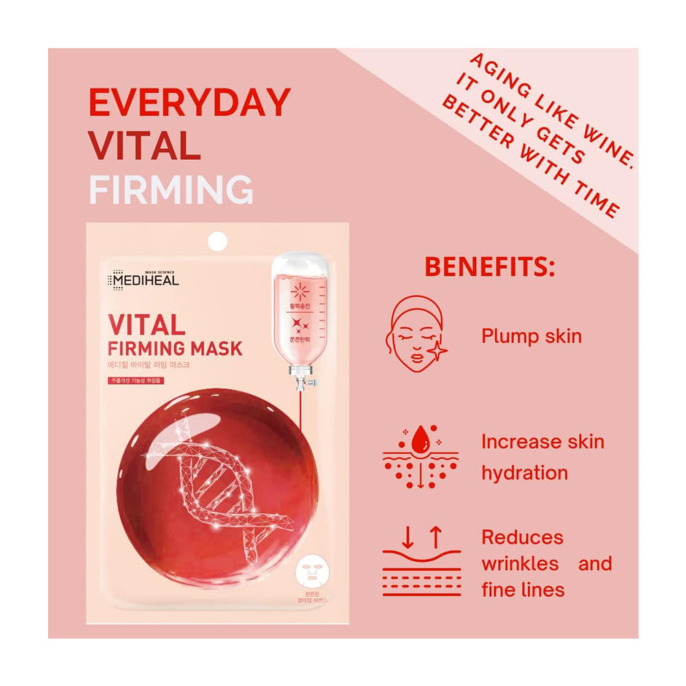 Mediheal Everyday Vital Firming mask packaging on a pink background, showing the red gel mask packet and product benefits including plump skin, increased hydration, and reduced wrinkles.