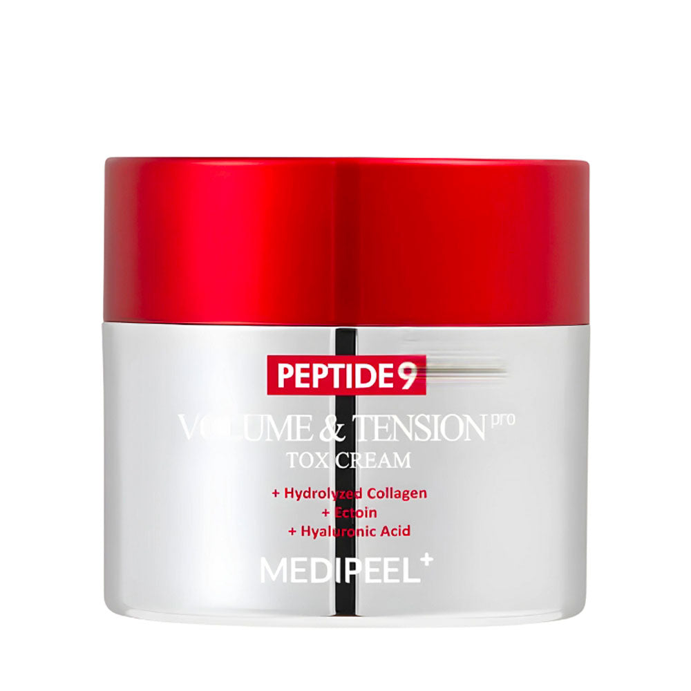A jar of MEDIPEEL+ Peptide 9 Volume & Tension Pro Tox Cream, featuring a metallic silver body and a vibrant red lid, set against a plain white background.