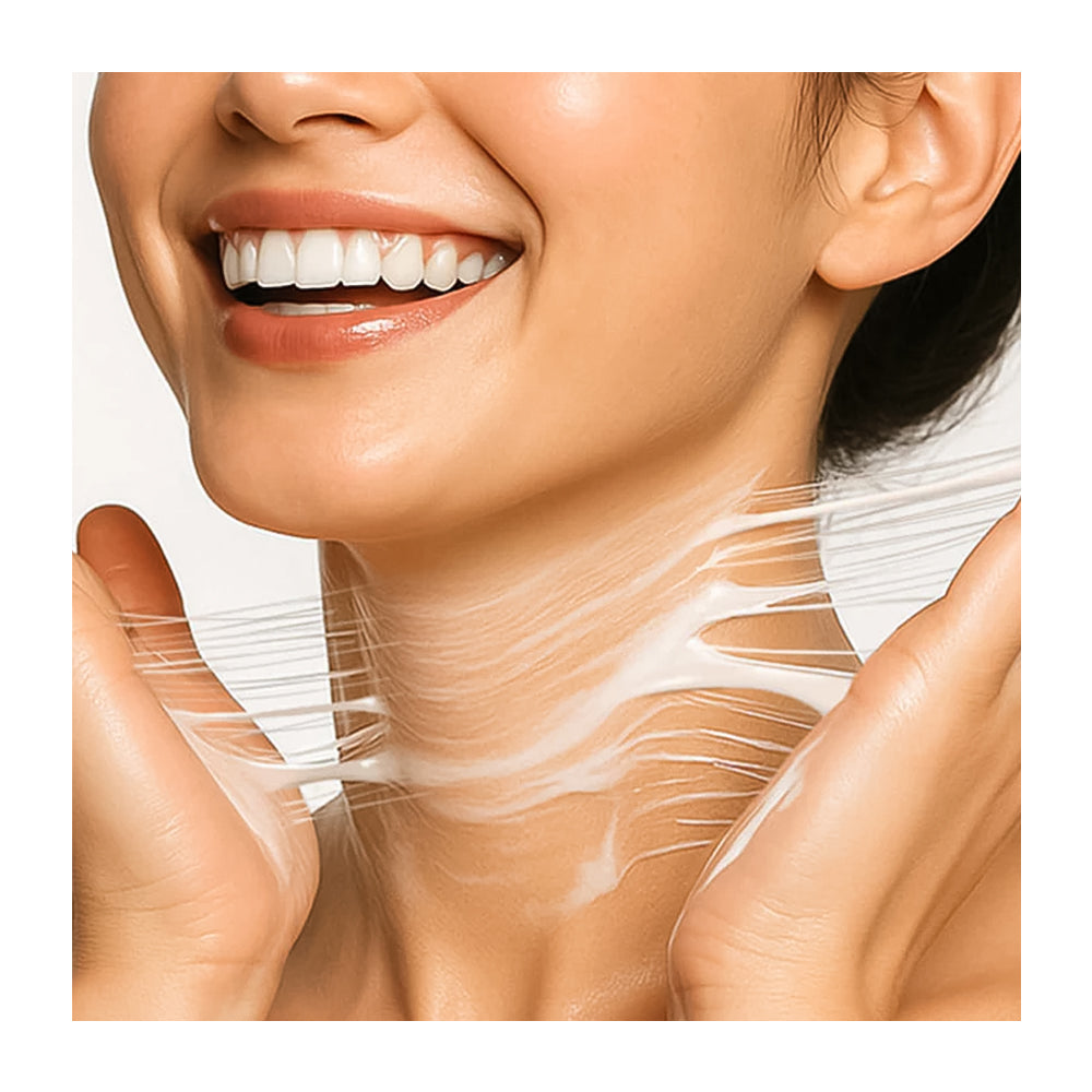Close-up of a woman's neck with a clear strip showing skin texture