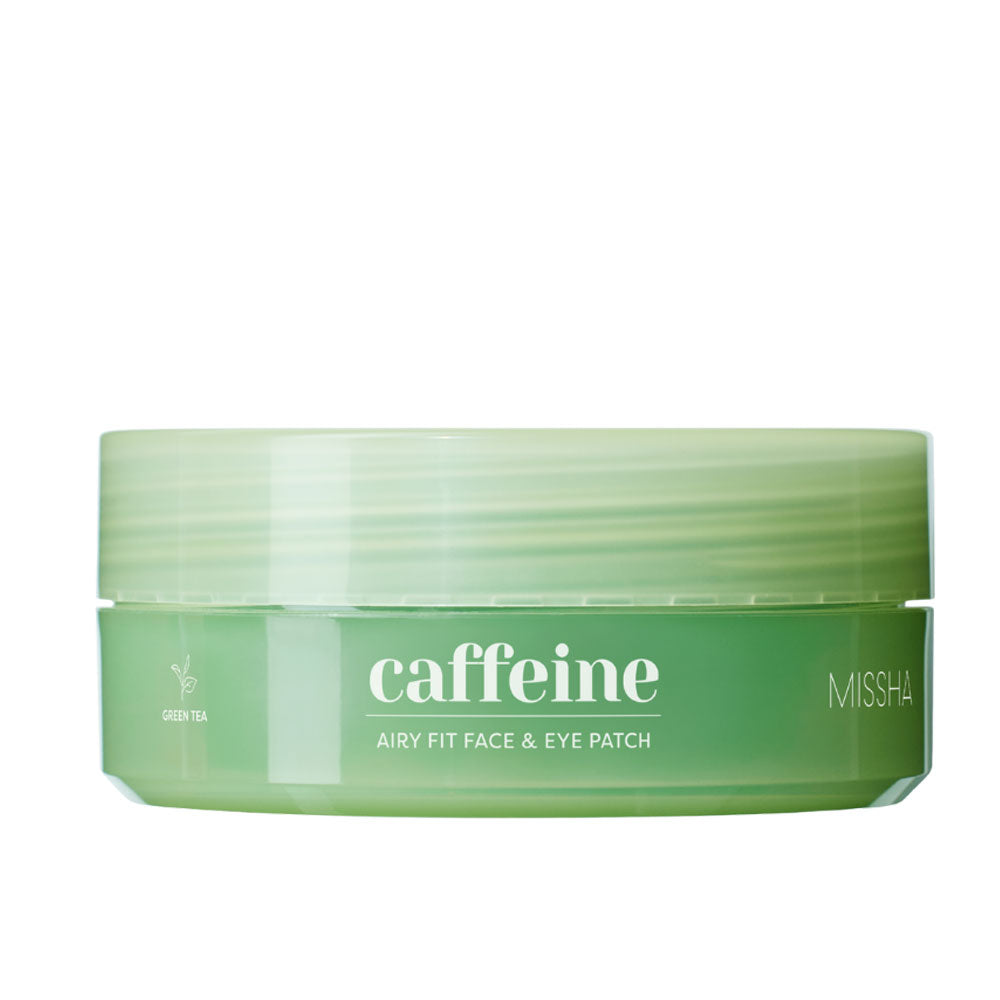 Green container of Missha caffeine face and eye patches on a white background