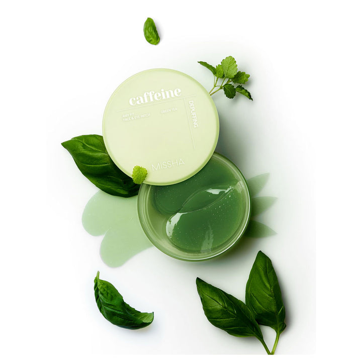 Green gel pads with basil leaves on a white background