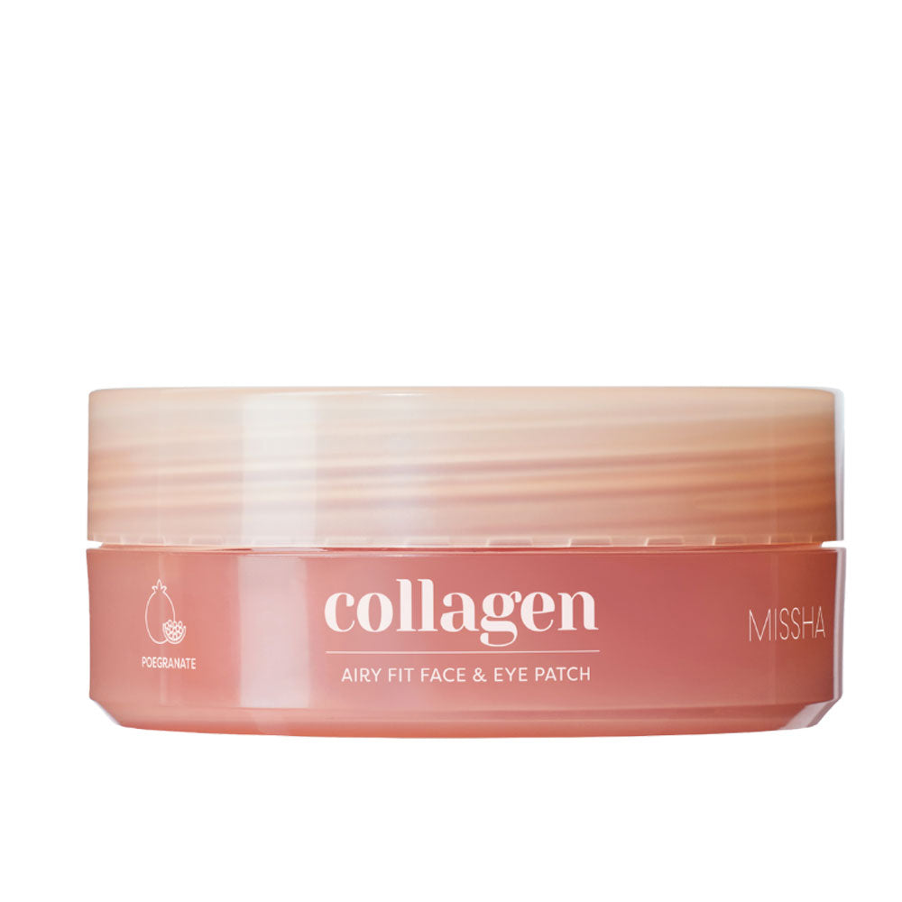 A jar of MISSHA Collagen Airy Fit Face & Eye Patch in a dusty rose pink container with a translucent peach-colored lid, shown against a plain white background.