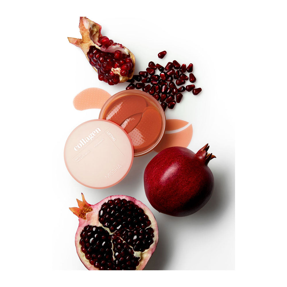 An open round cosmetic jar with peach-colored cream or balm and a matching lid, styled with pomegranate halves, loose seeds, and peach-colored smear shapes on a white background. The lid shows the word 'collagen'.