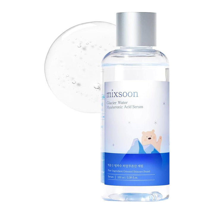 Bottle of mixsoon Glacier Water Hyaluronic Acid Serum on a white background