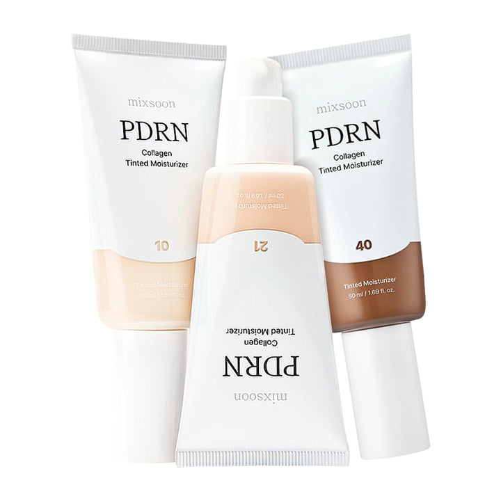 Three tubes of PDRN Collagen Tinted Moisturizer on a white background