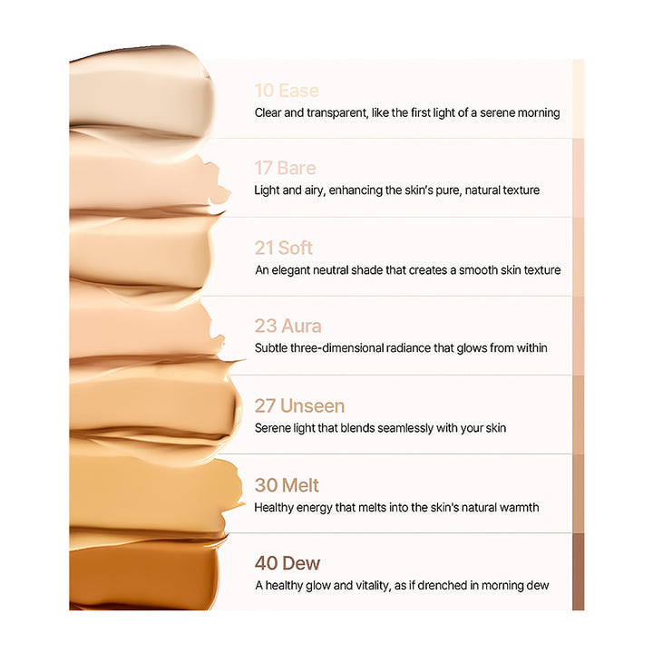Stack of beige makeup products with descriptive text on a white background