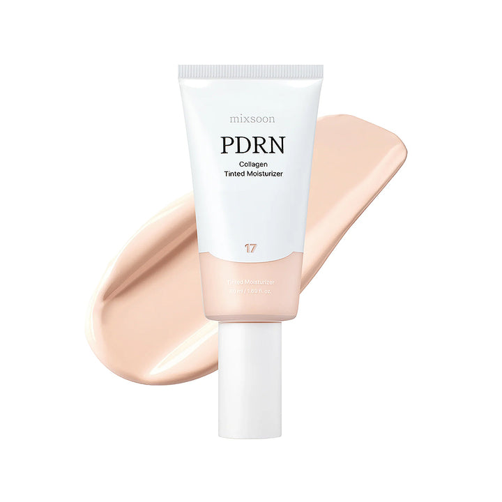 PDRN collagen tinted moisturizer tube with a swatch on a white background