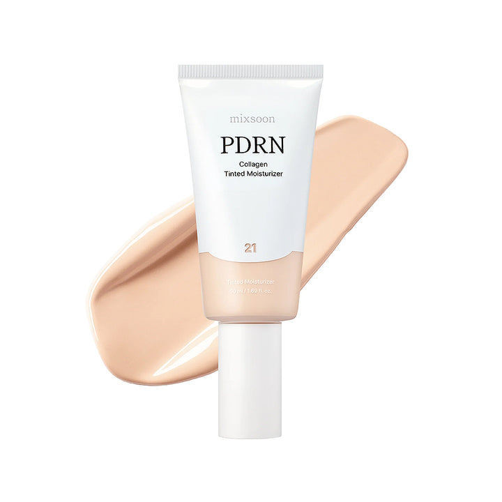 PDRN collagen tinted moisturizer with a swatch on a white background
