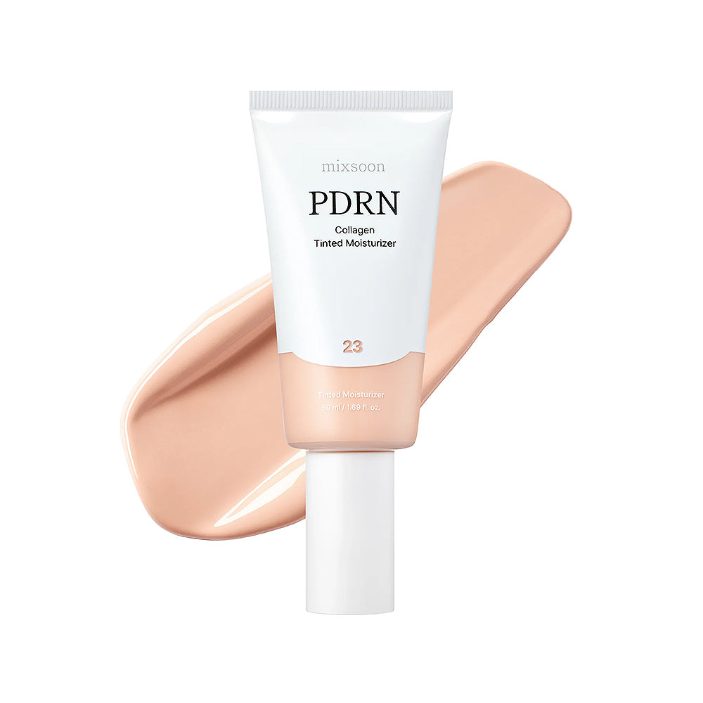 PDRN collagen tinted moisturizer with a swatch on a white background