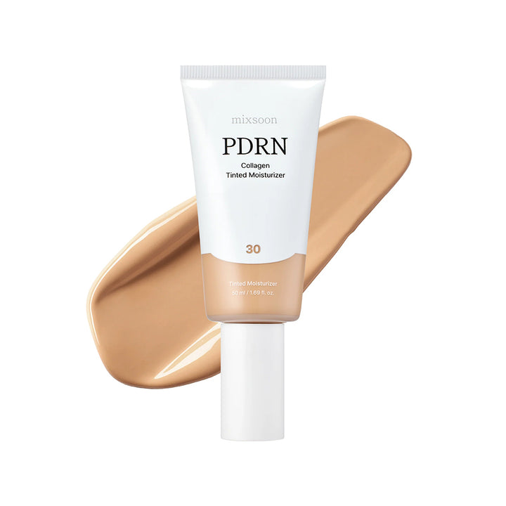 PDRN collagen tinted moisturizer with a swatch on a white background