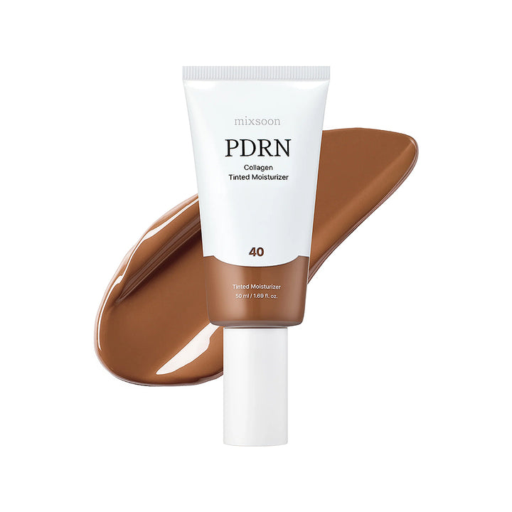PDRN collagen tinted moisturizer tube with brown color swatch on a white background