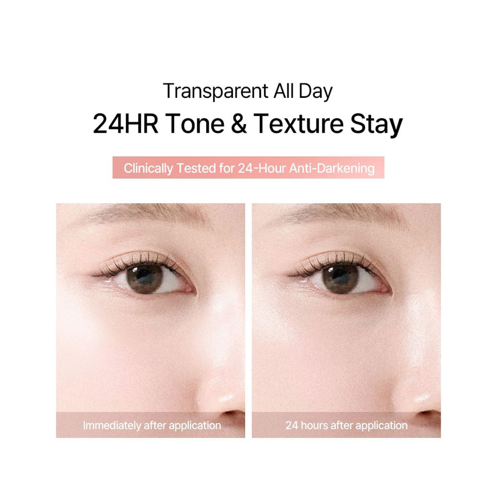 Before and after comparison of eye area with text about 24-hour tone and texture stay.
