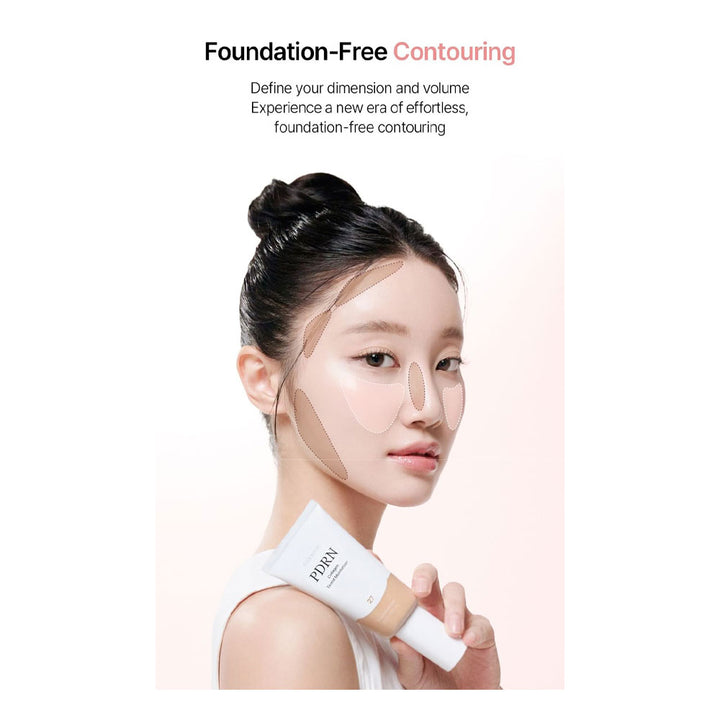 Woman holding a cosmetic product with &