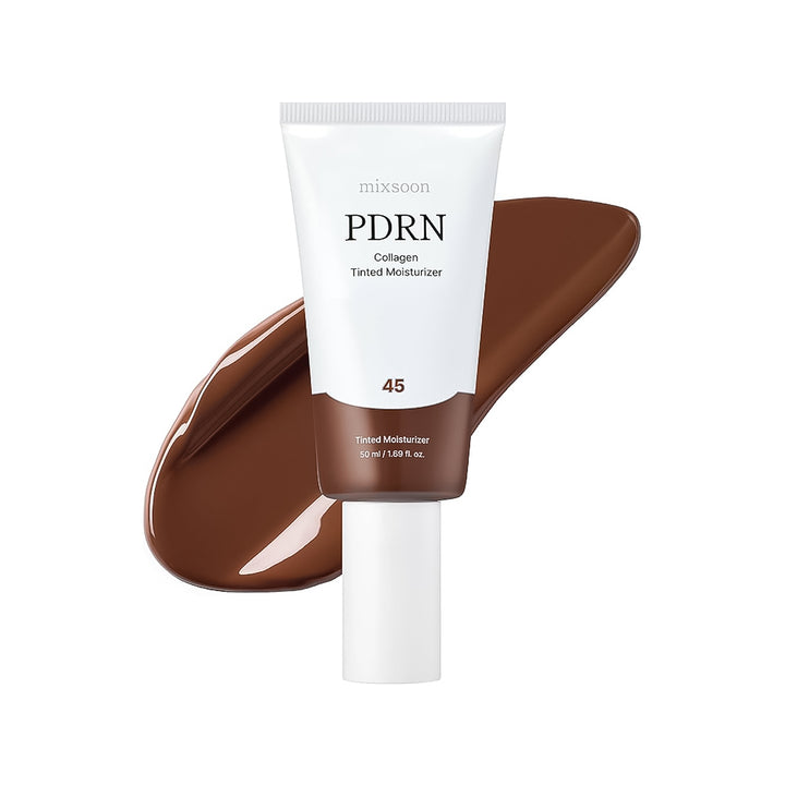 PDRN collagen tinted moisturizer tube with brown color swatch on a white background
