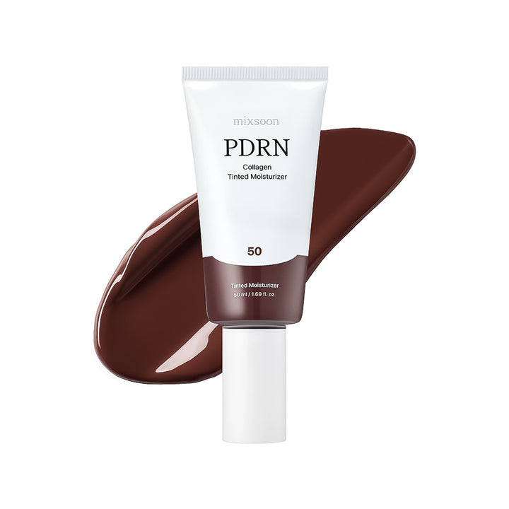 PDRN collagen tinted moisturizer tube with brown color swatch on a white background