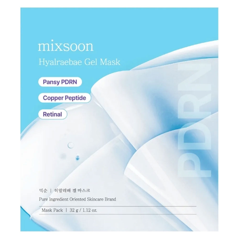 Front of a Mixsoon Hyalraebae Gel Mask package, featuring a light blue and white design with text highlighting Pansy PDRN, Copper Peptide, and Retinal.