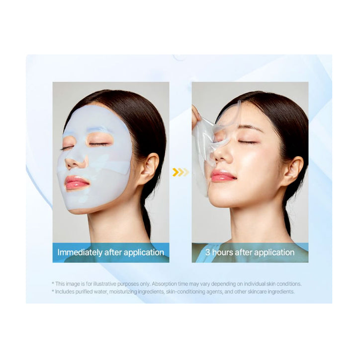 Before-and-after skincare demonstration showing a woman wearing a translucent face mask, with text reading &