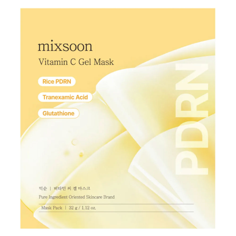 Mixsoon Vitamin C Gel Mask packaging in a soft yellow color, featuring white gel sheet graphics and text highlighting Rice PDRN, Tranexamic Acid, and Glutathione.