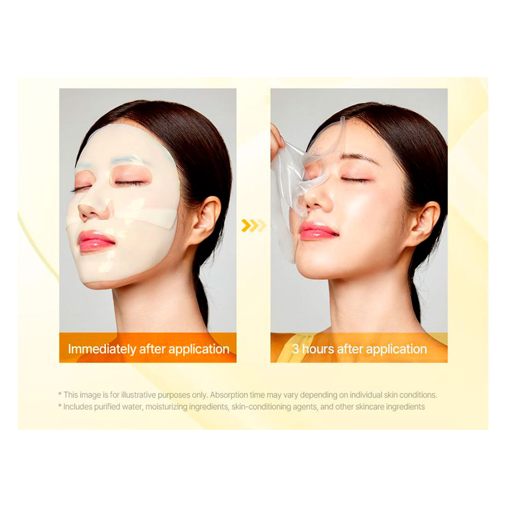 Before-and-after skincare demonstration showing a woman wearing a transparent sheet mask. The left panel is labeled &