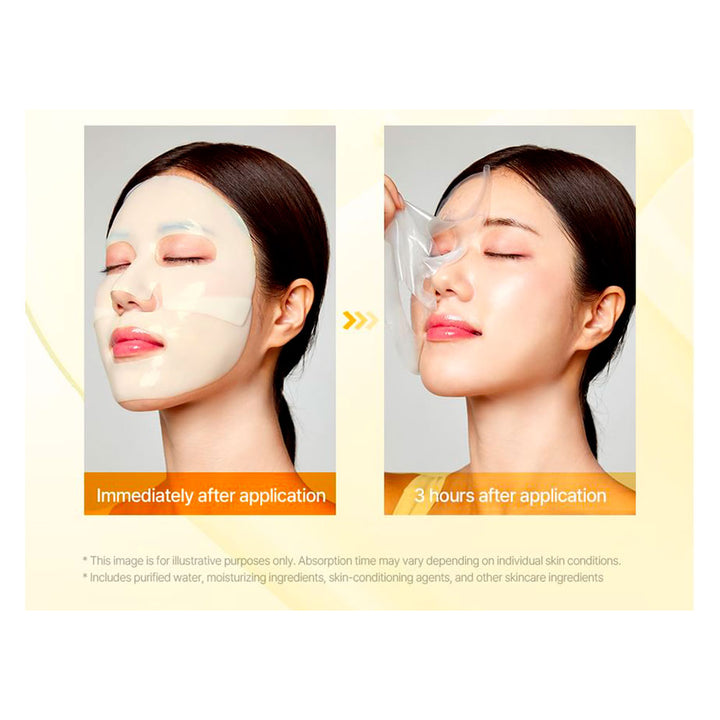 Before-and-after skincare demonstration showing a woman wearing a transparent sheet mask. The left panel is labeled &