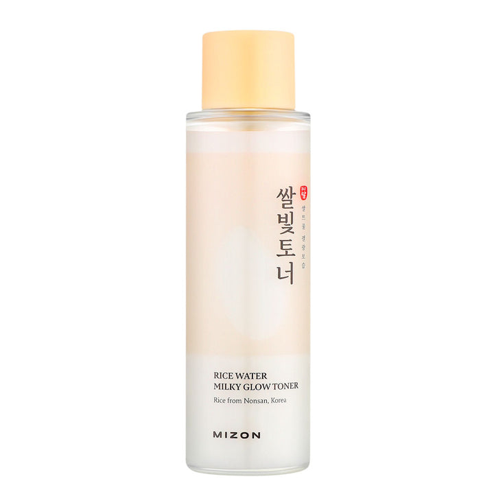Mizon Rice Water Milky Glow Toner in a clear cylindrical bottle with a pale peach cap, shown on a solid white background.