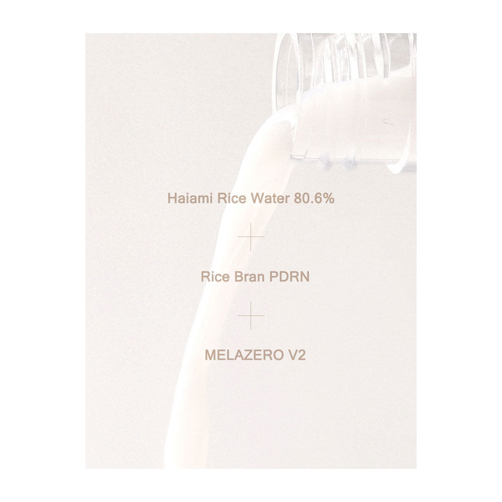 A minimalist product graphic showing a pale cream-colored liquid being poured from a glass container, with text reading &