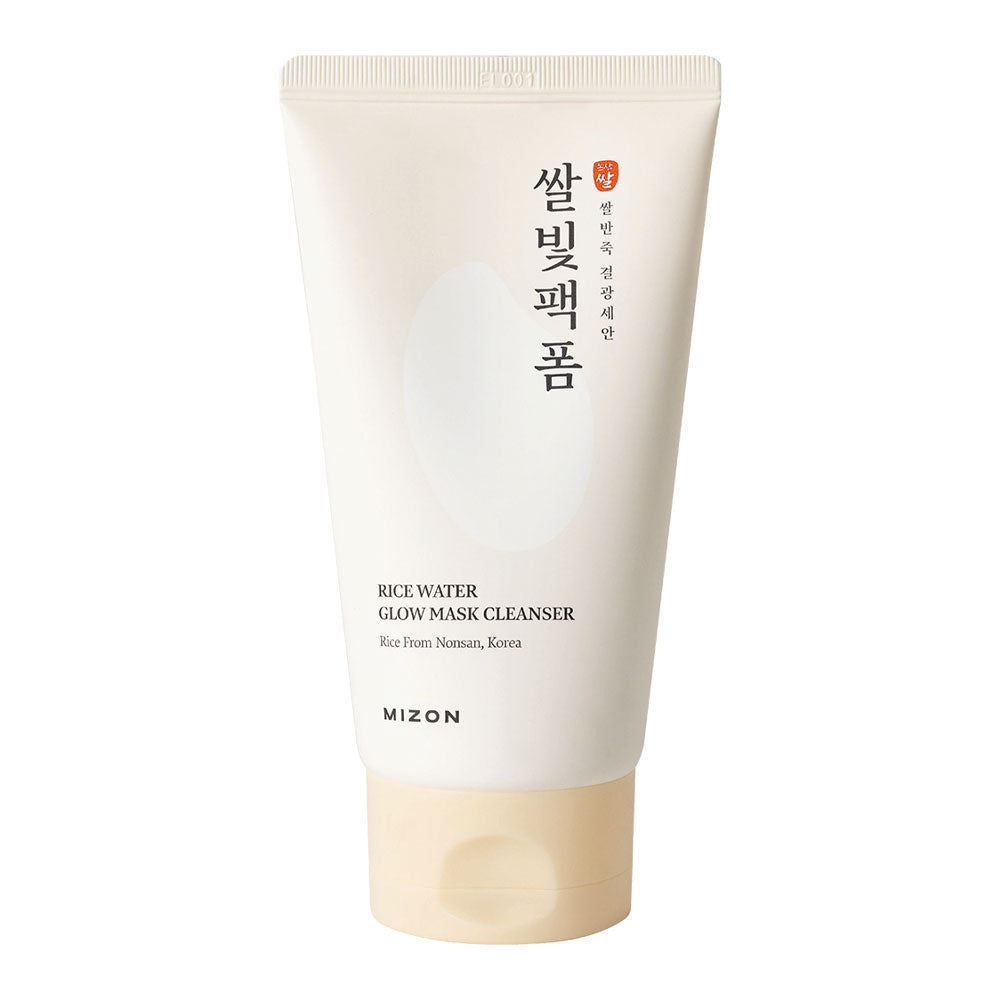 Mizon Rice Water Glow Mask Cleanser in a cream-colored squeeze tube with a beige cap, featuring black and red Korean text and English product details on a white background.