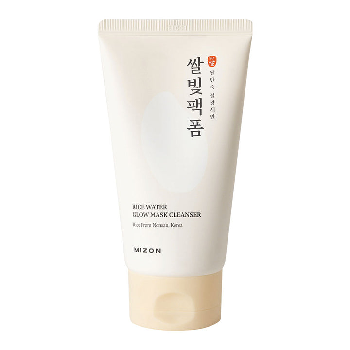 Mizon Rice Water Glow Mask Cleanser in a cream-colored squeeze tube with a beige cap, featuring black and red Korean text and English product details on a white background.