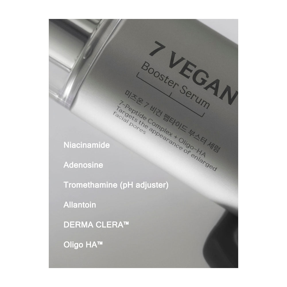 A close-up of a silver cosmetic bottle labeled '7 VEGAN Booster Serum' with white text listing ingredients including Niacinamide, Adenosine, Tromethamine, Allantoin, and DERMA CLERA Oligo HA.