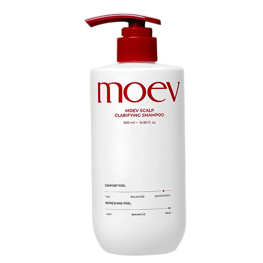 A white bottle of Moev Scalp Clarifying Shampoo with a red pump dispenser, shown against a plain white background.