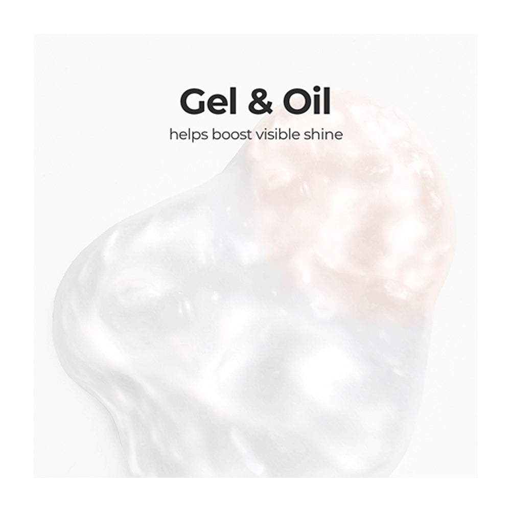A close-up of a glossy, translucent gel product with a soft pink tint on a white background, with the text &