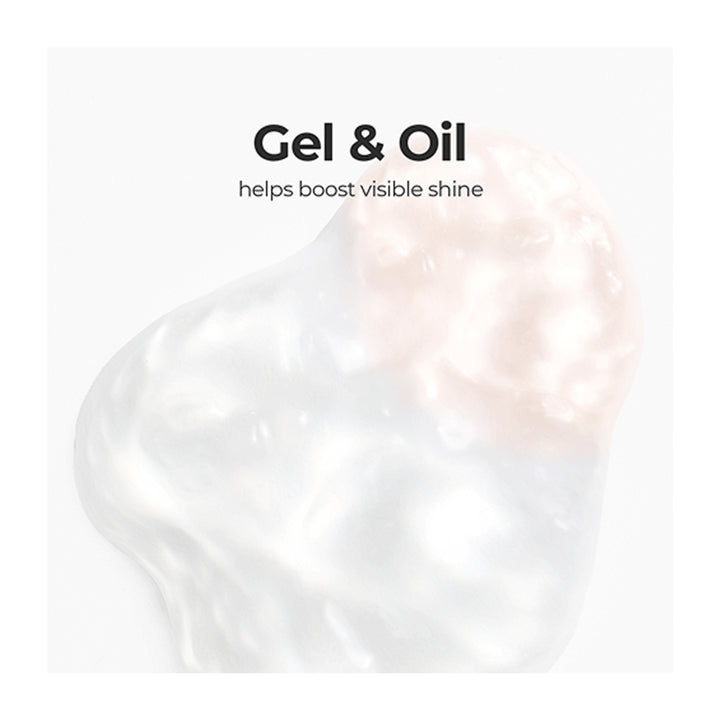 A close-up of a glossy, translucent gel product with a soft pink tint on a white background, with the text &