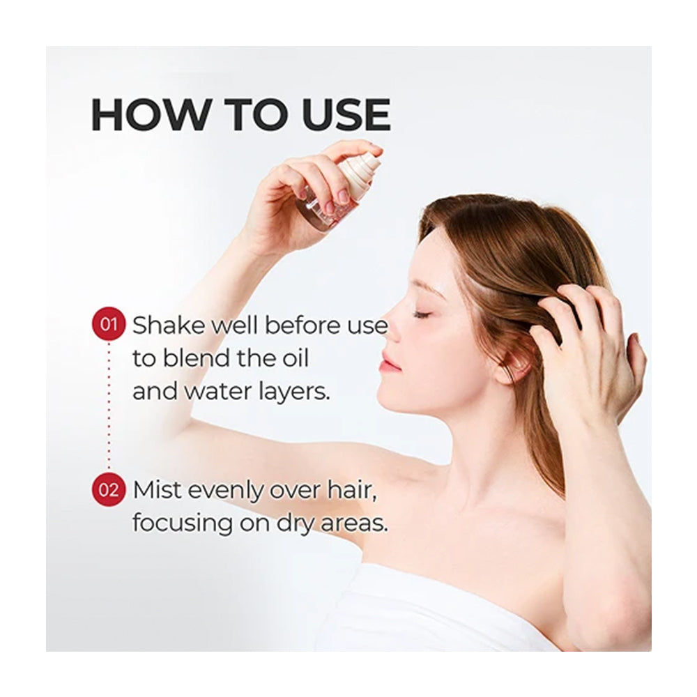 Instruction graphic showing a woman with brown hair misting her hair with a spray bottle. The graphic includes text instructions: &