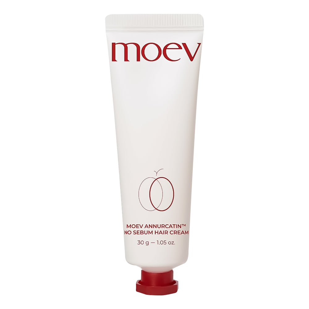 A white squeeze tube of Moev Annurcatin No Sebum Hair Cream with a red cap, shown against a plain white background.