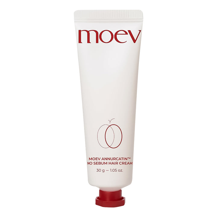 A white squeeze tube of Moev Annurcatin No Sebum Hair Cream with a red cap, shown against a plain white background.