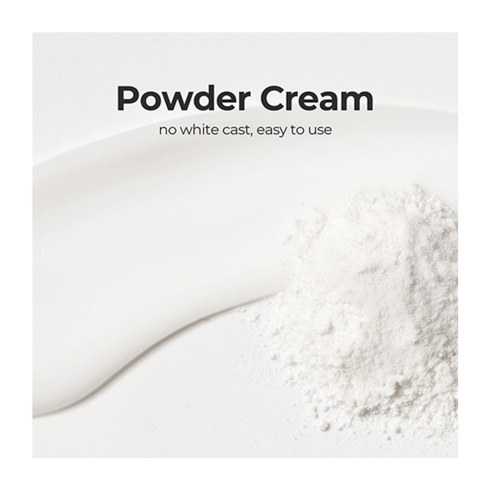 White powder cream shown as a smooth creamy streak on a white surface with a small pile of loose powder, captioned 'Powder Cream' and 'no white cast, easy to use'.