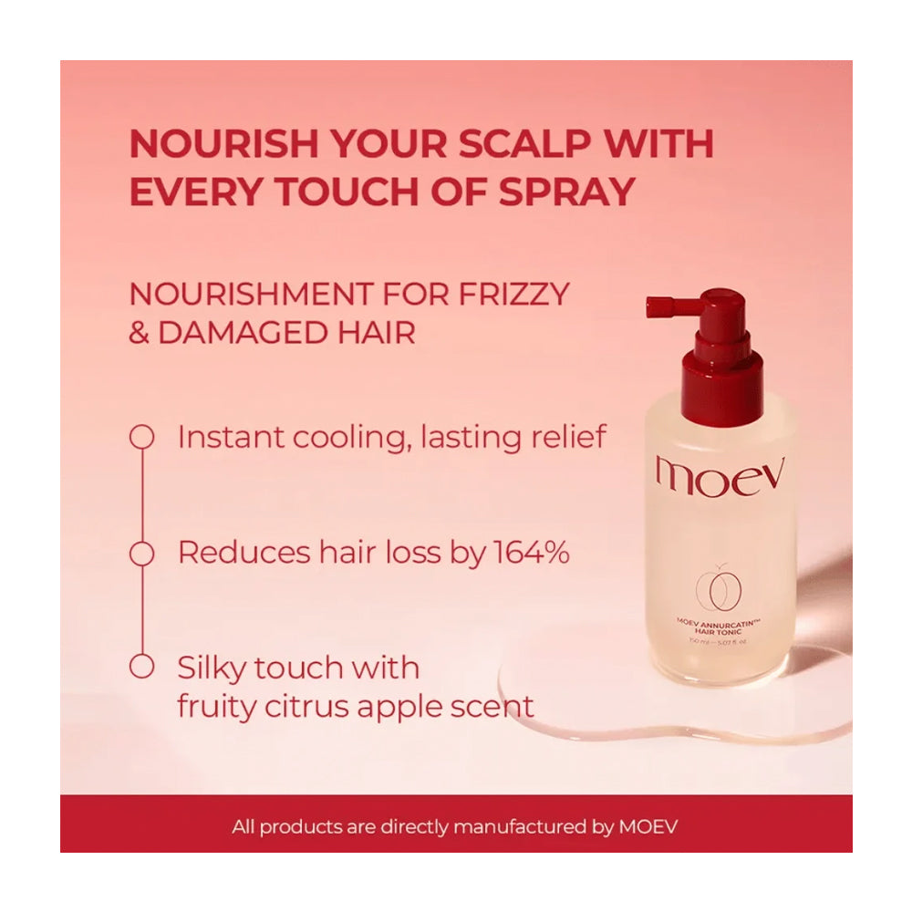 MOEV Nourishment for Frizzy &amp; Damaged Hair hair spray bottle on a pink promotional background with text highlighting instant cooling, lasting relief, reduced hair loss, and a silky citrus-apple scent.