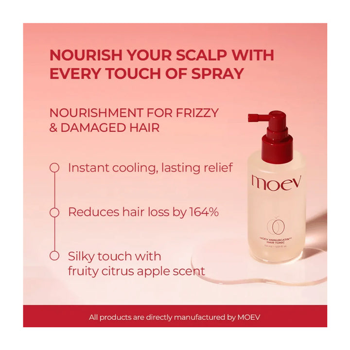 MOEV Nourishment for Frizzy &amp; Damaged Hair hair spray bottle on a pink promotional background with text highlighting instant cooling, lasting relief, reduced hair loss, and a silky citrus-apple scent.