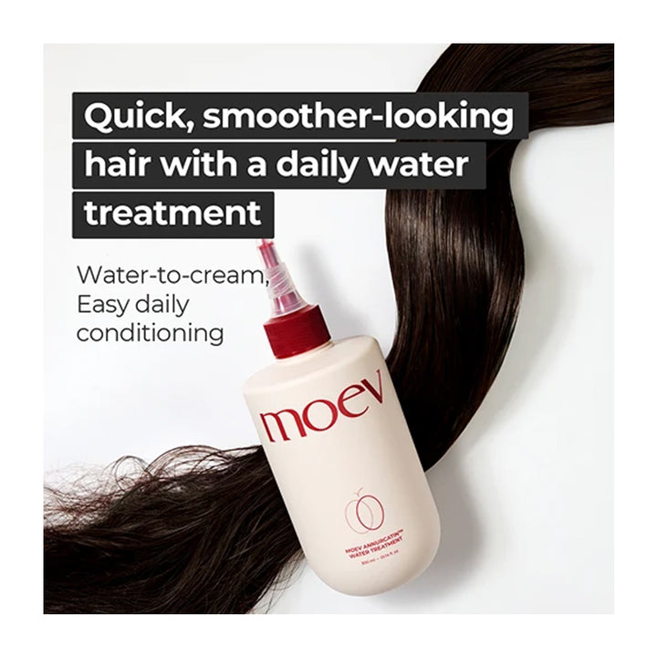 A bottle of moev hair treatment with a red nozzle and cream-colored body, shown next to a long strand of dark brown hair on a white background with promotional text.