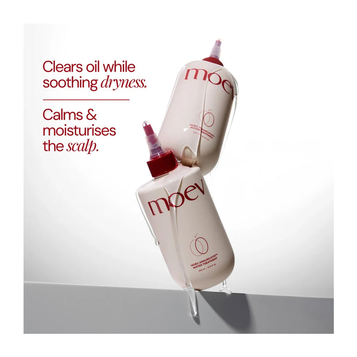 Two Moev Scalp Treatment bottles with red caps and clear dispensing nozzles, displayed on a white and gray background with promotional text on the left.