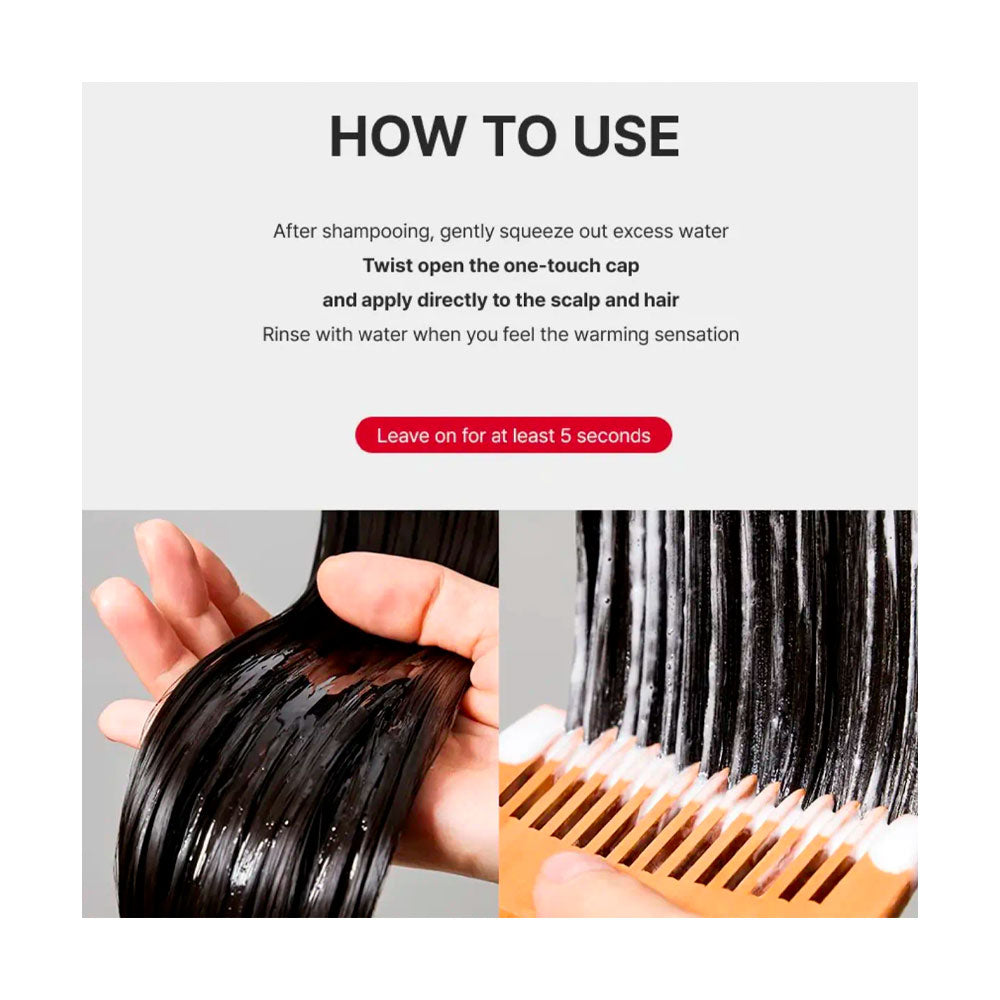 Instruction graphic for using a hair twist extension, showing text instructions at the top and two photos below: one of a hand holding wet, twisted black hair, and another of black hair being twisted with a wooden comb.