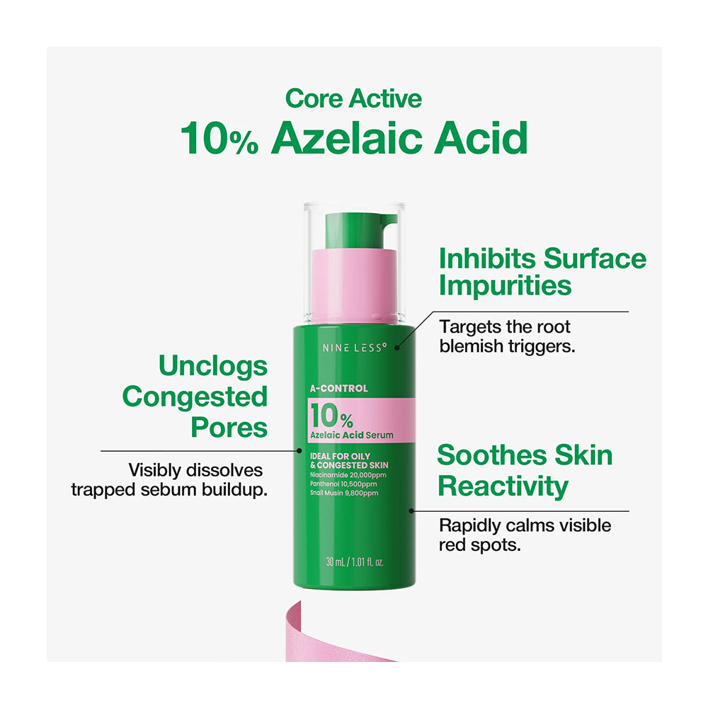 Nine Less A-Control 10% Azelaic Acid serum bottle with text highlighting its benefits on a white background.