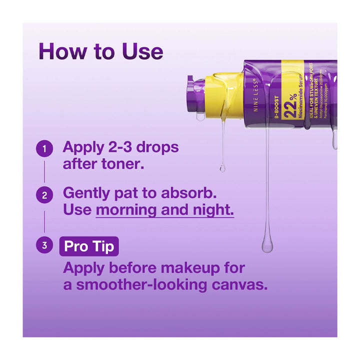 Instruction graphic showing how to use a purple and yellow liquid cosmetic dropper bottle, with text instructions on applying 2-3 drops after toner and before makeup. The bottle is shown dripping liquid on a light purple background.