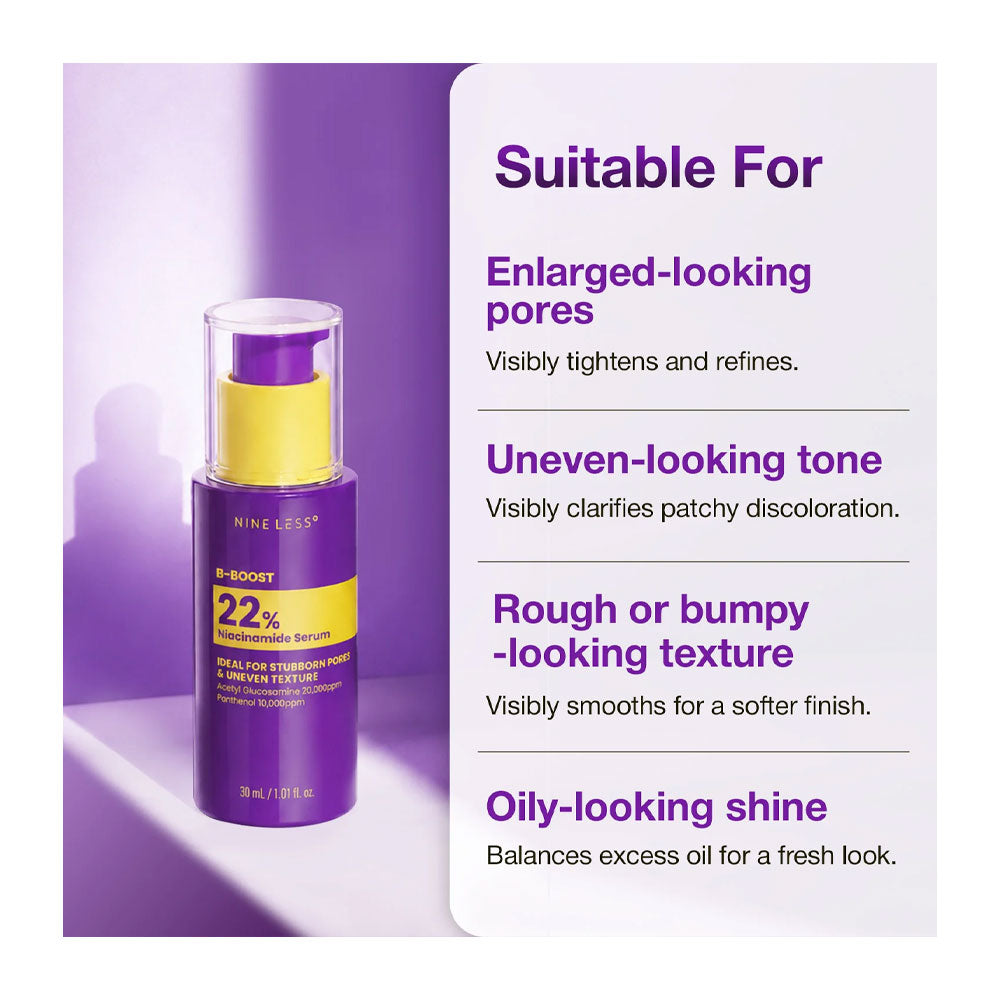 Nine Less Biologique BB Body 22% Emulsion Purifying bottle on a purple and white promotional background with text listing skin benefits.
