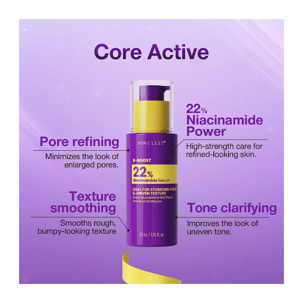 A purple and yellow skincare pump bottle labeled NINE LESS 22% Niacinamide Power, centered on a lavender background with marketing text callouts around it.